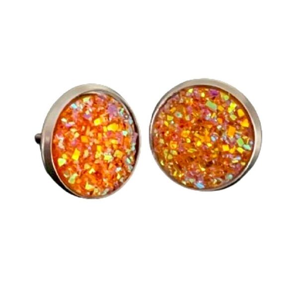 Men’s Crushed Orange Crystal Studs, Iced Out Hip Hop Round Faux Druzy Earrings - Picture 3 of 11